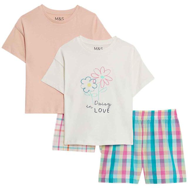 M&S Floral Check Shorties 2 Pack 2-7 Years Ivory GOODS M&S   