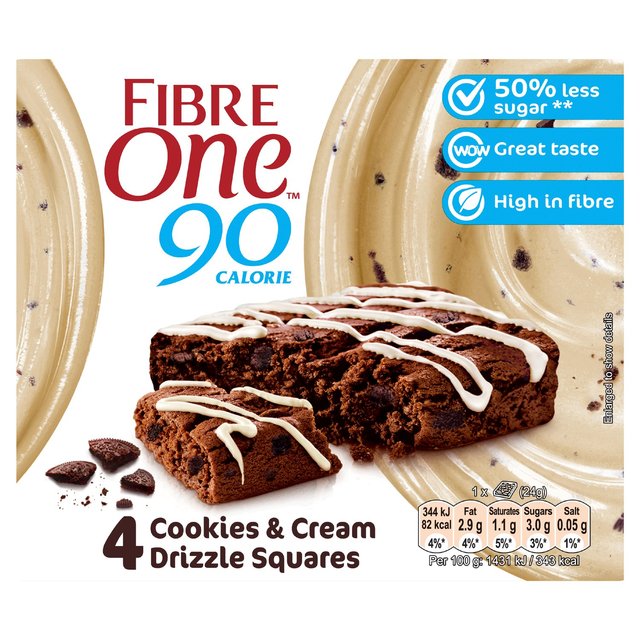 Fibre One 90 Calorie Cookies & Cream Drizzle Squares   4 x 24g GOODS M&S   