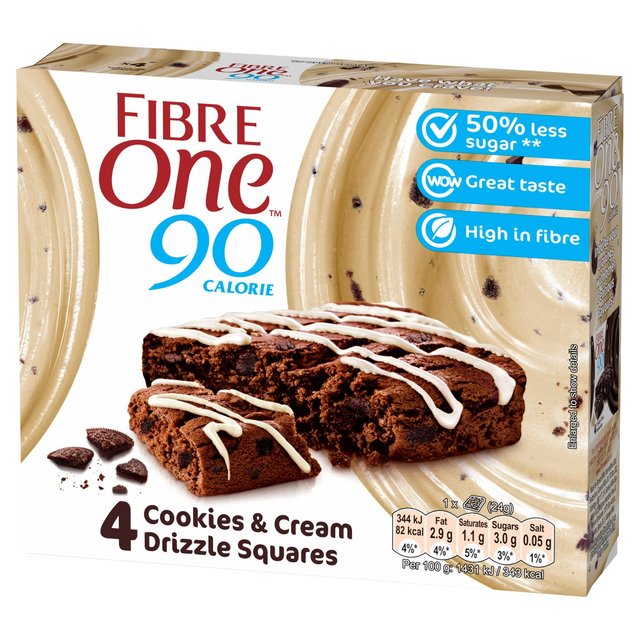 Fibre One 90 Calorie Cookies & Cream Drizzle Squares   4 x 24g