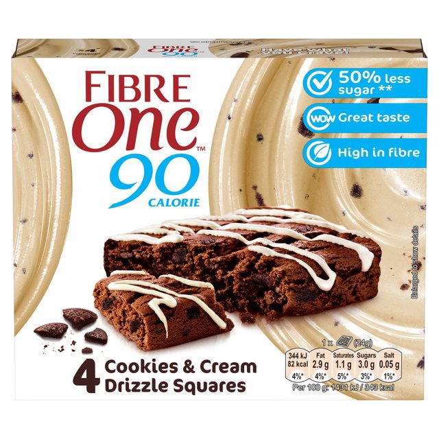 Fibre One 90 Calorie Cookies & Cream Drizzle Squares   4 x 24g GOODS M&S   