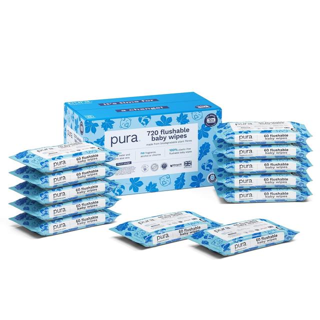 Pura Plastic Free Flushable Baby Wipes 12 x 60pk   12 x 60 per pack GOODS M&S   