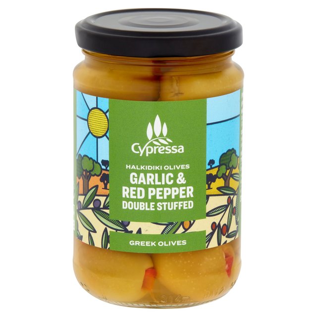 Cypressa Garlic & Red Pepper Double Stuffed Halkidiki Olives   315g GOODS M&S   