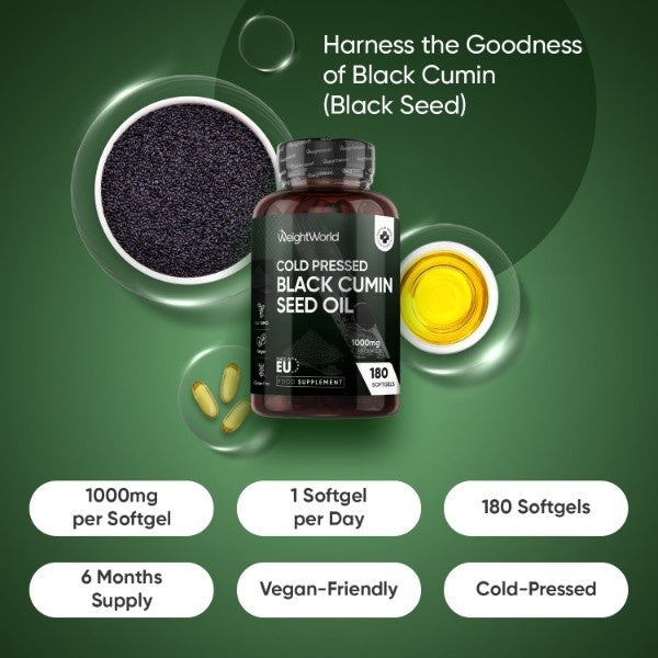 WeightWorld black seed oil capsules 180 softgels (British brand)