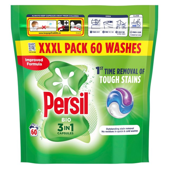 Persil Bio 3 in 1 Laundry Washing Detergent Capsules 60 Washes   60 per pack