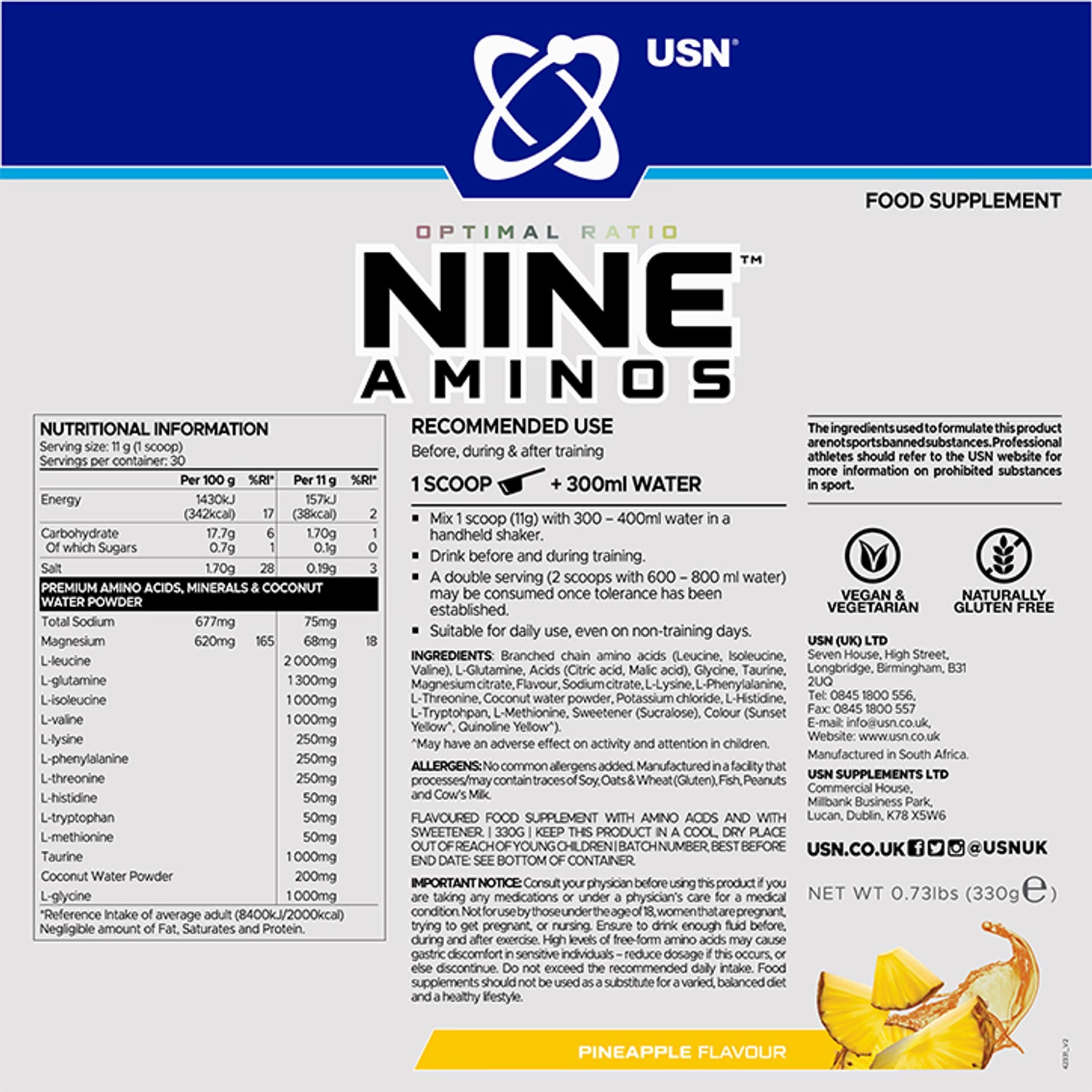 USN Nine Aminos pineapple amino powder 330g, imported from the UK