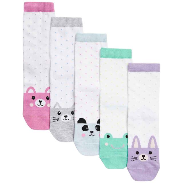 M&S Girls Cotton Rich Spotty Animal Socks 12.5-3.5 Large 5 Pack   5 per pack