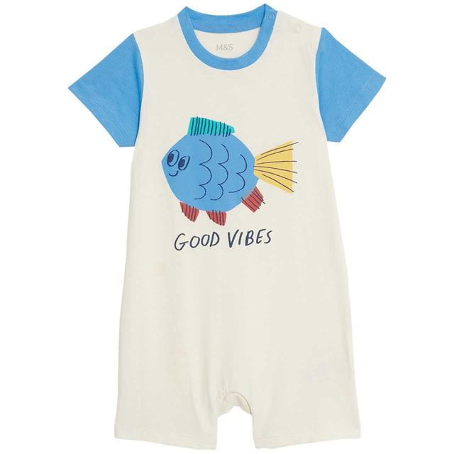 M&S Fish Graphic Romper 0 Months-3 Years Light Cream GOODS M&S   