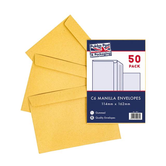 Pukka Pad 50 pack envelopes - C6 Manilla Gummed  114mm x 162mm   50 per pack