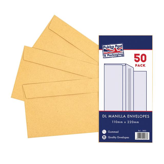 Pukka Pad 50 Pack Envelopes - DL Manilla Gummed 110mm x 220mm   50 per pack