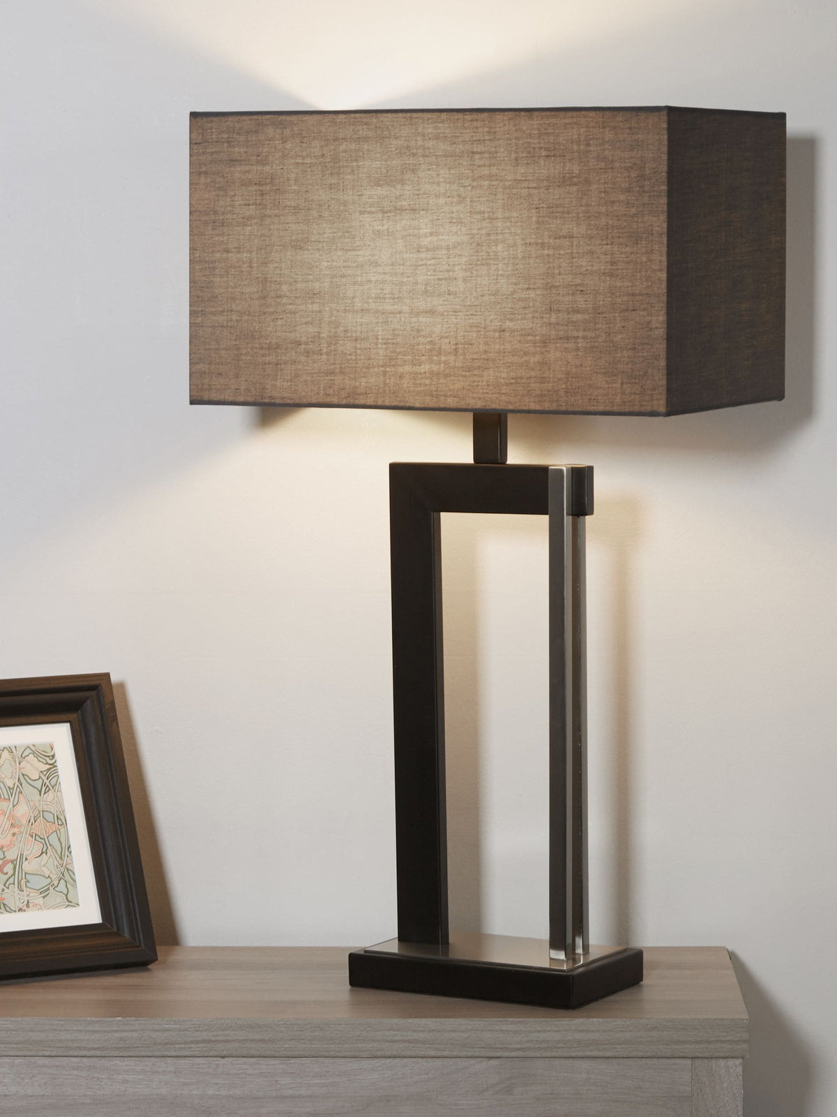 Searchlight table lamp black and satin nickel with grey shade, UK version