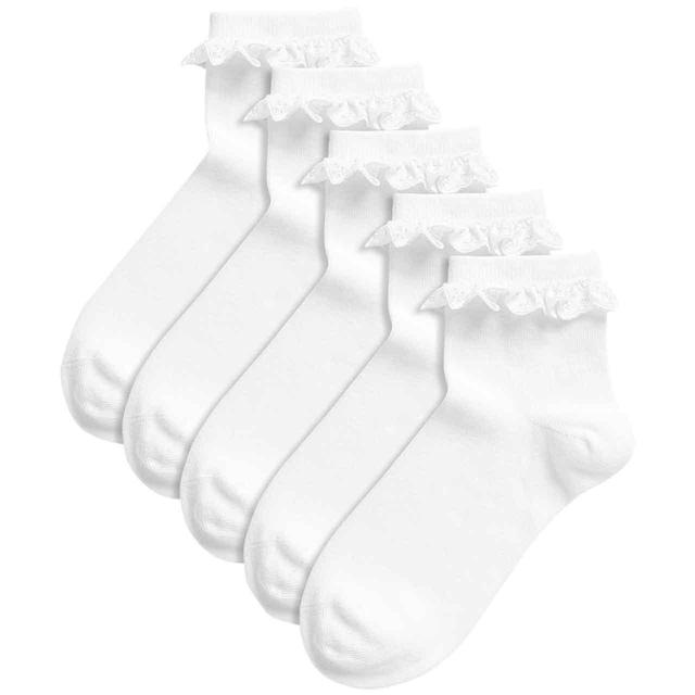 M&S Girls Cotton Blend Frill Socks White 5 Pack