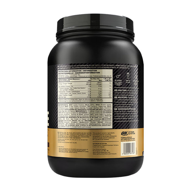 Optimum Nutrition whey protein isolate chocolate flavour 930g, imported from the UK