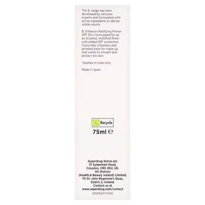 Superdrug B. Enhance Mattifying Primer SPF50 Face Protection 75ml - اشترِ عبر الإنترنت من McGrocer