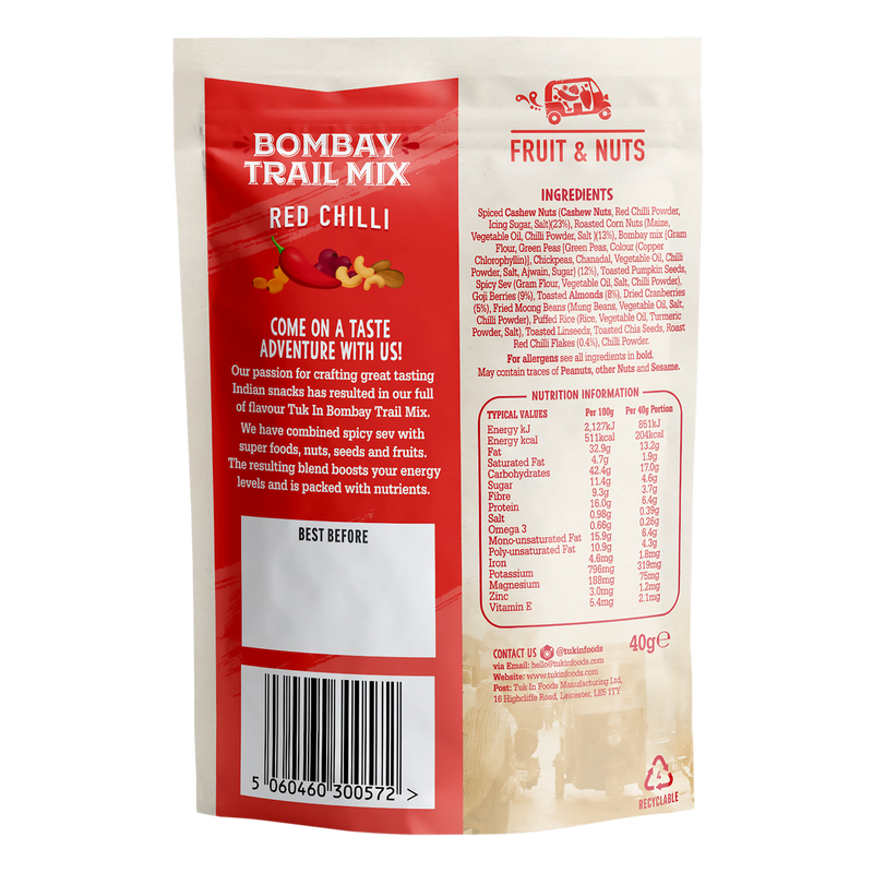 Tuk In Foods Bombay Trail Mix Red Chilli 40g (British brand)