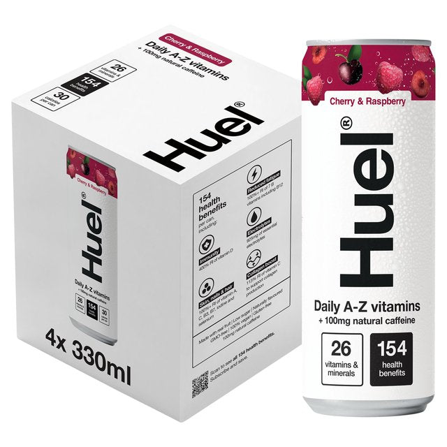 Huel Daily A-Z Cherry &amp; Raspberry Sparkling Multivitamin Energy Drink   4 x 330ml