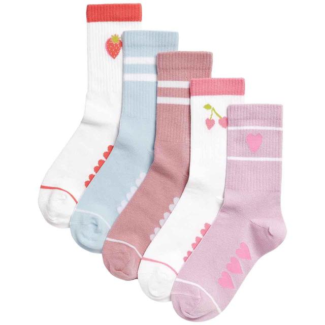 M&S Girls Cotton Rich Ribbed Striped Heart Socks 6 Small-7 Large 5 Pack