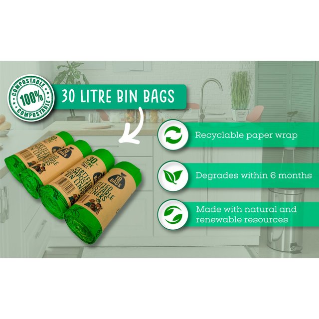 Eco Green Living Certified Compostable 30L Bin Bags   18 per pack