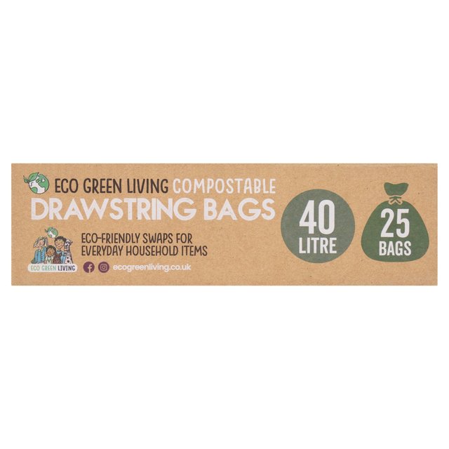 Eco Green Living Certified Compostable 40L Heavy Duty Drawstring Bin Bags   25 per pack GOODS M&S   