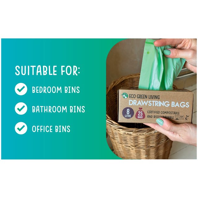 Eco Green Living Certified Compostable Small 8L Drawstring Bin Liner   25 per pack GOODS M&S   