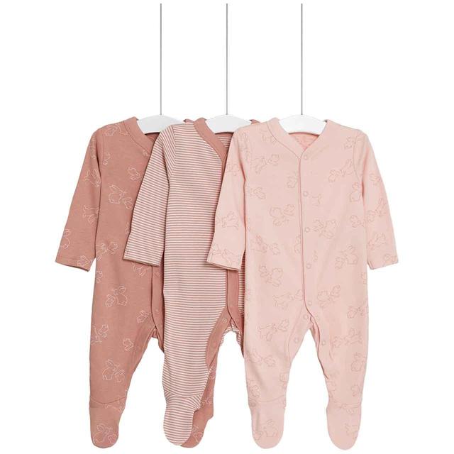 M&S Girls Cotton Bunny & Striped Sleepsuits NB- 3 Years Pink 3 Pack GOODS M&S   