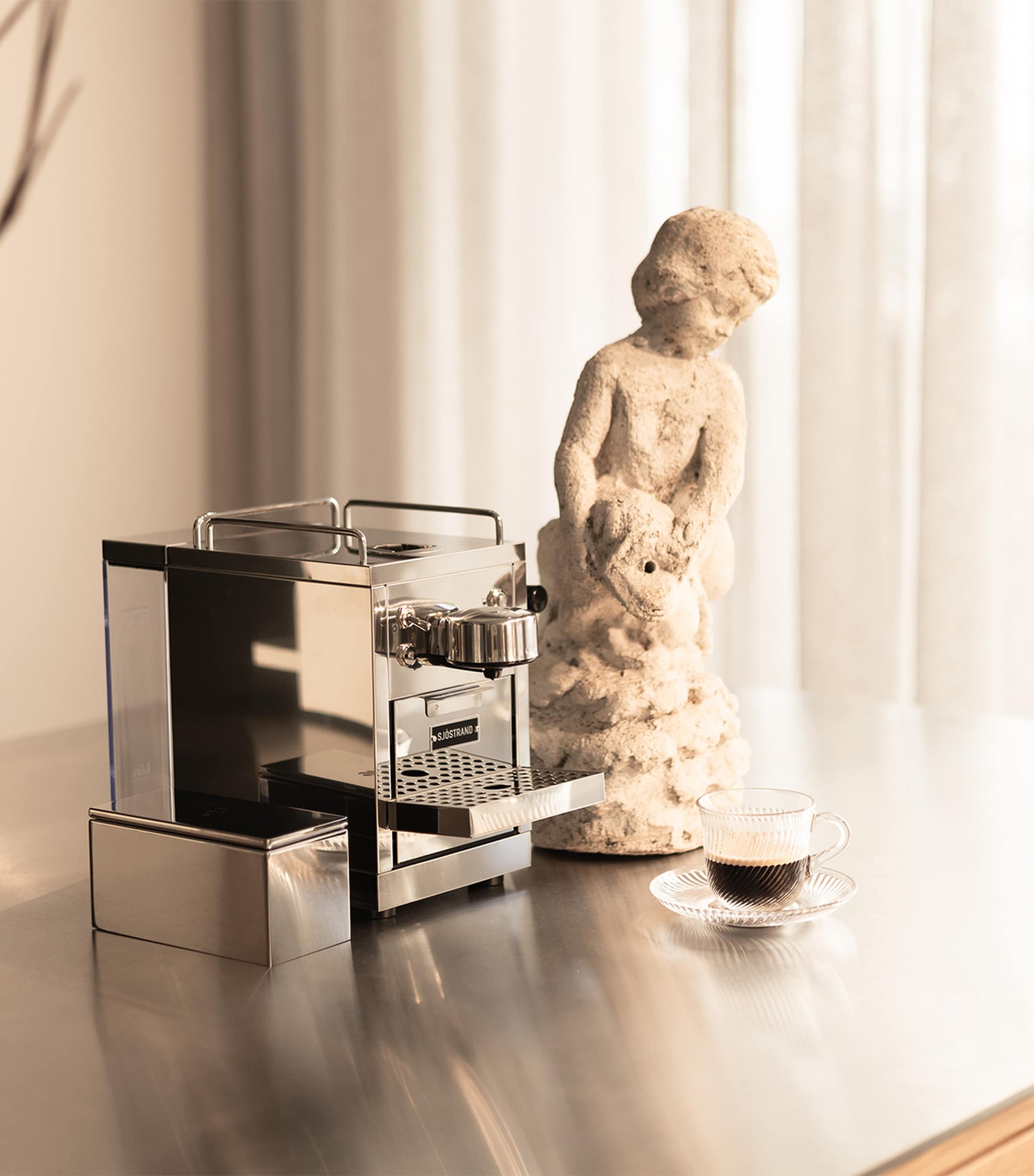 Sjöstrand stainless steel coffee capsule case in polished chrome, 7.5cm x 16cm x 7cm (British brand)