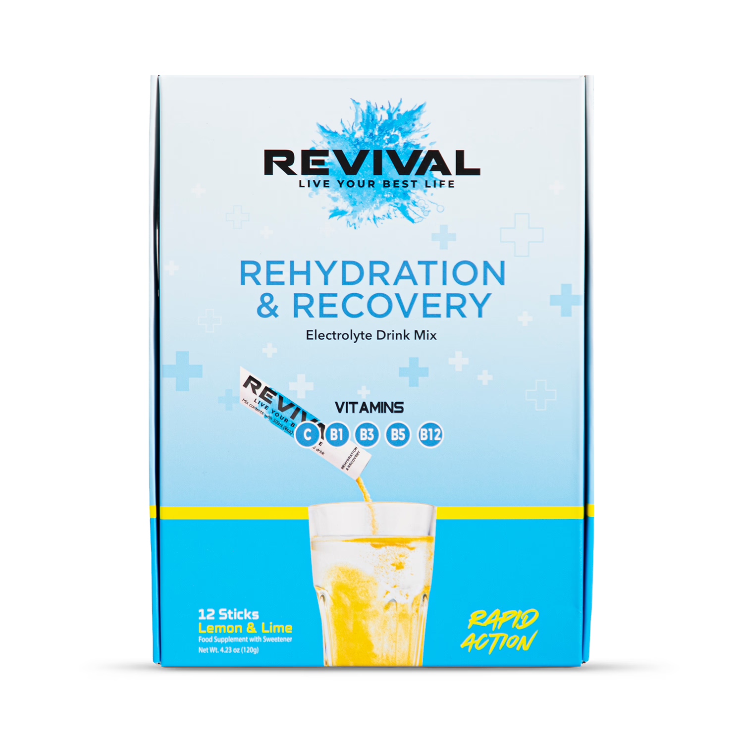 Revival rehydration recovery lemon lime sachets 12 pack, imported from the UK