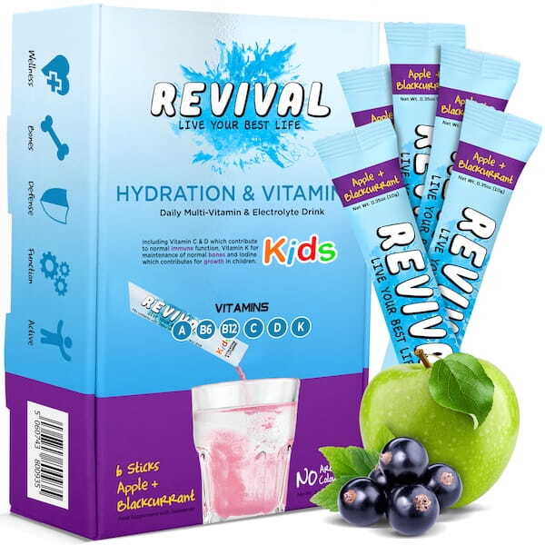 Revival kids vitamin drink apple and black 6 pack, imported from the UK