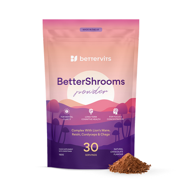 Holland & Barrett Bettervits Mushroom Powder Complex With Lion's Mane, Reishi And Cordyceps Supplement 30 Servings- Buy online at McGrocer