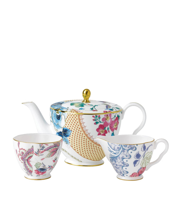 Butterfly Bloom Teapot, Creamer and Sugar Bowl Set in Fine Bone China with Gold Banding