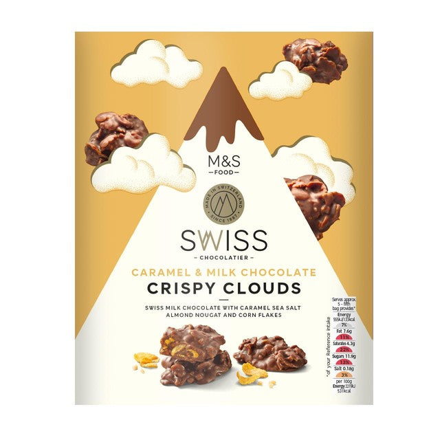 M&S Swiss caramel milk chocolate crispy clouds 140g, imported from the UK