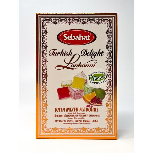 Sebahat Turkish Delight mixed flavours orange, apple and pomegranate 200g box (British brand)
