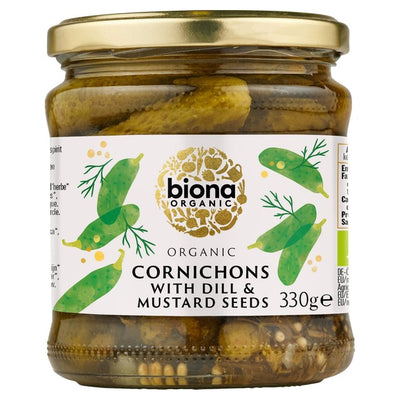 M&S Biona Organic Cornichons With Dill & Mustard Seeds Pickle 330g- Buy online at McGrocer