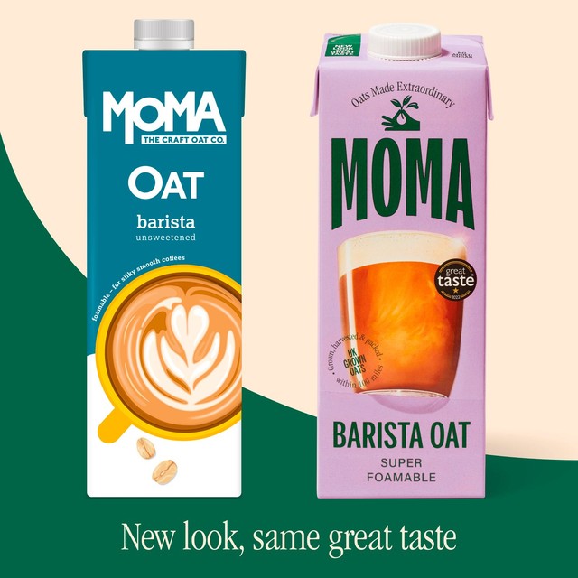 Moma unsweetened barista oat drink in a 1-liter carton, imported from the UK