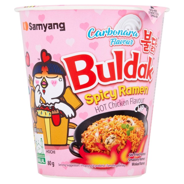 Buldak hot chicken ramen carbonara instant noodle cup (British brand)