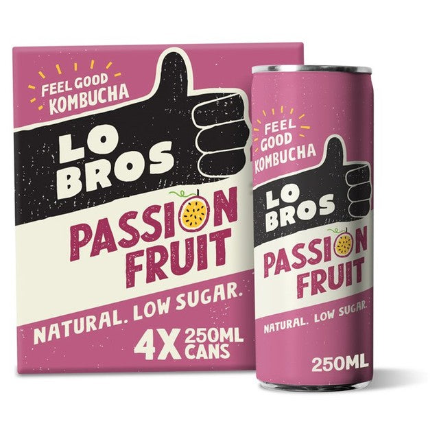 Lo Bros passionfruit low sugar kombucha 4 x 250ml multipack, UK version