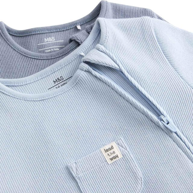 M&S Cotton Rich Ribbed Sleepsuits 6-9 Months Blue, imported from the UK