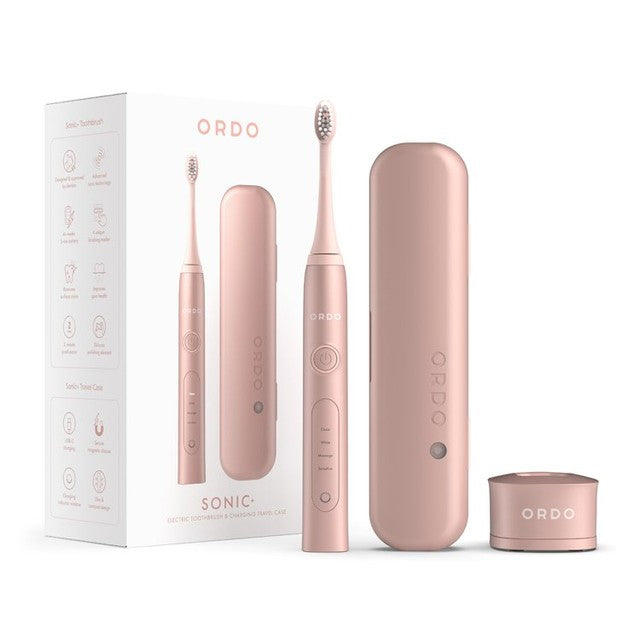 Ordo Sonic+ electric toothbrush with charging travel case in Rose Gold, imported from the UK