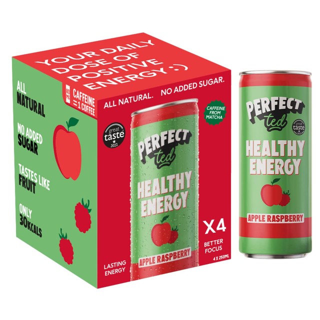 Perfect Ted apple raspberry energy drink 4 x 250ml cans, imported from the UK