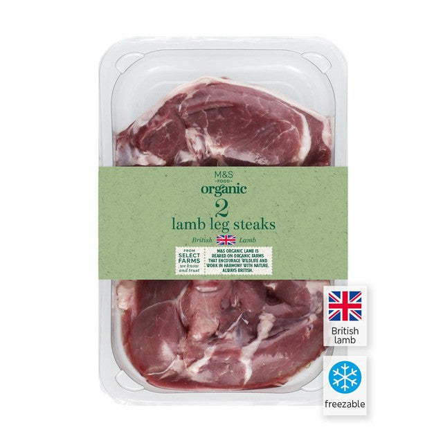 M&S organic British lamb leg steaks 300g, imported from the UK