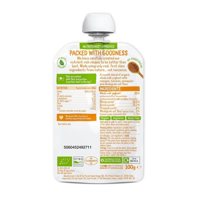 Piccolo mango & pineapple baby food pouch 100g, imported from the UK