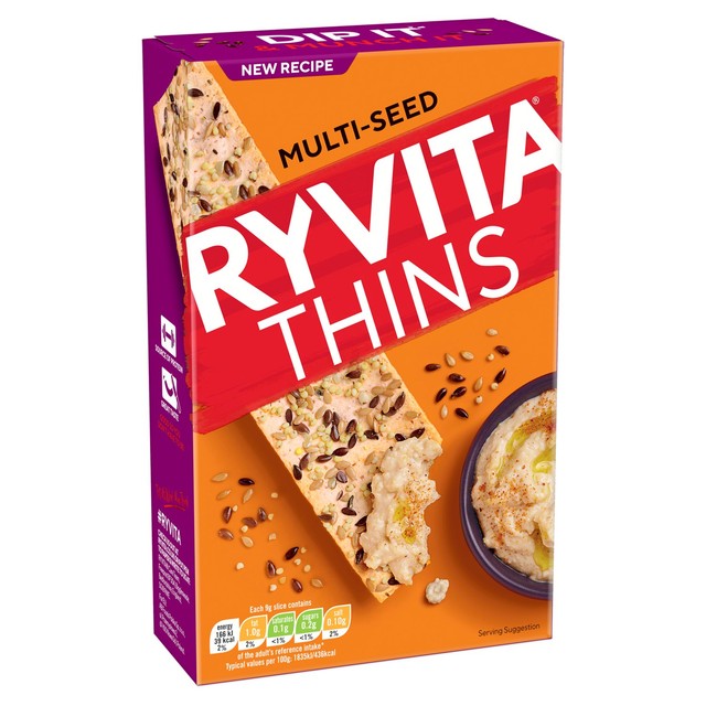 Ryvita Thins Multi-Seed Flatbread Crackers 125g, imported from the UK