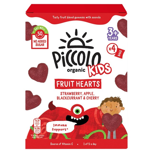 Piccolo Kids Fruit Hearts Strawberry, Apple, Blackcurrant & Cherry 4 x 15g, imported from the UK