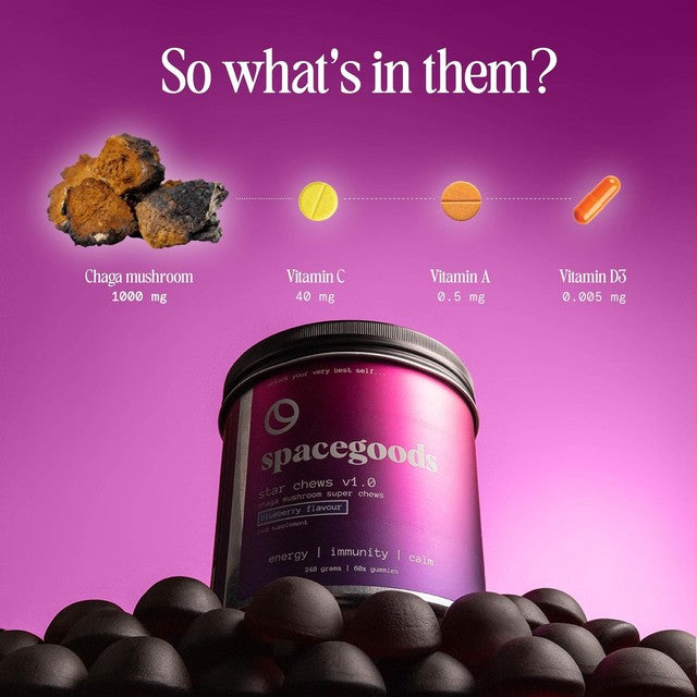 Spacegoods Immunity Chaga Mushroom Star Chews blueberry flavour gummies (British brand)