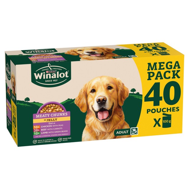Winalot Meaty Chunks wet dog food pouches, imported from the UK