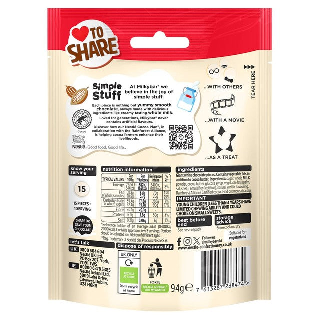 Milkybar white chocolate giant buttons 94g, imported from the UK