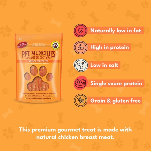 Pet Munchies chicken strips dog treats 90g, imported from the UK