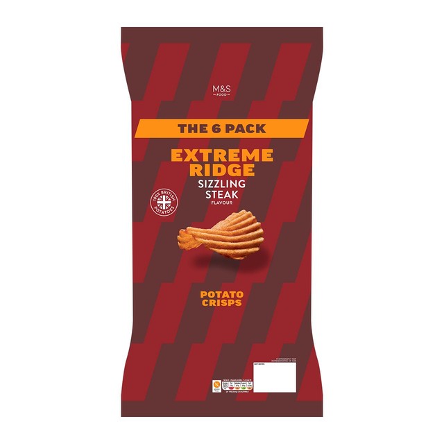 M&S Sizzling Steak crisps 6 pack, imported from the UK