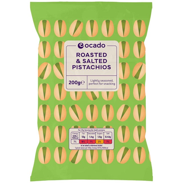 Ocado roasted and salted shell-on pistachios 200g, imported from the UK