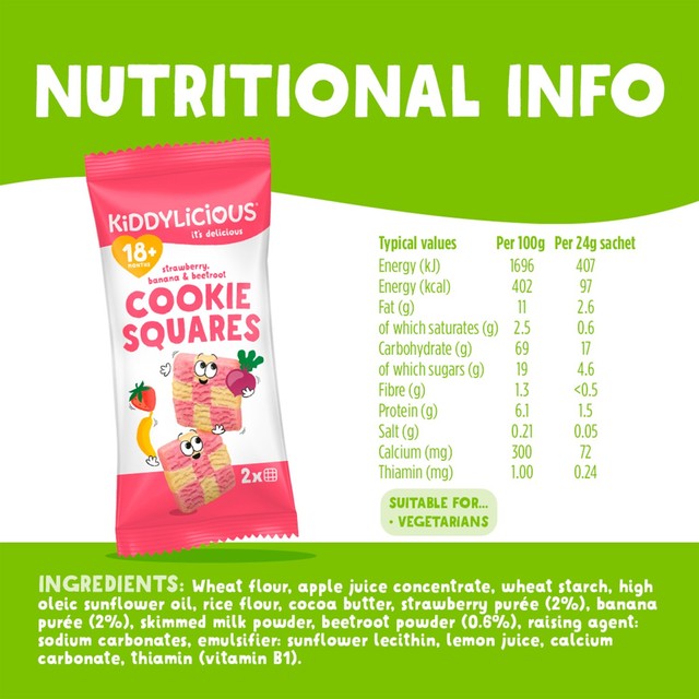 Kiddylicious strawberry, banana & beetroot cookie squares 6 x 24g pack, UK version