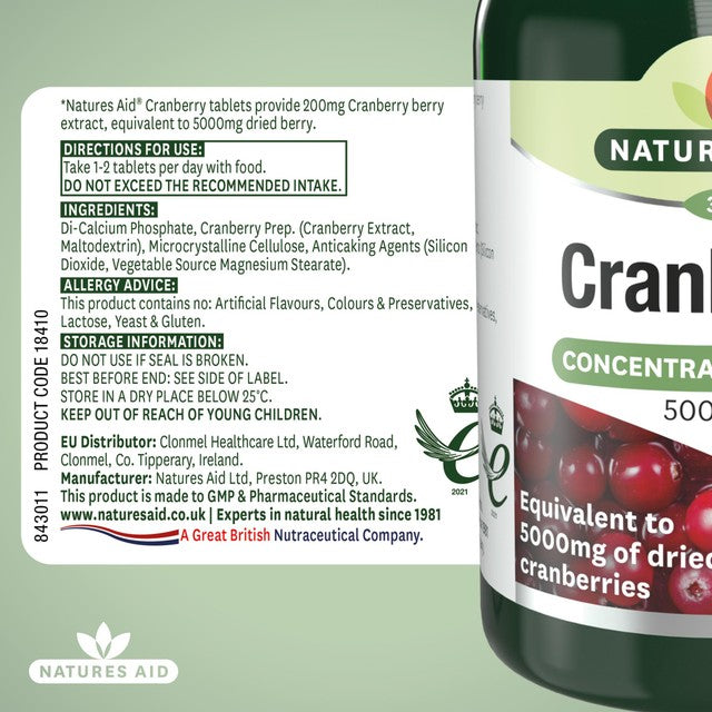 Natures Aid cranberry supplement tablets 5000mg, imported from the UK